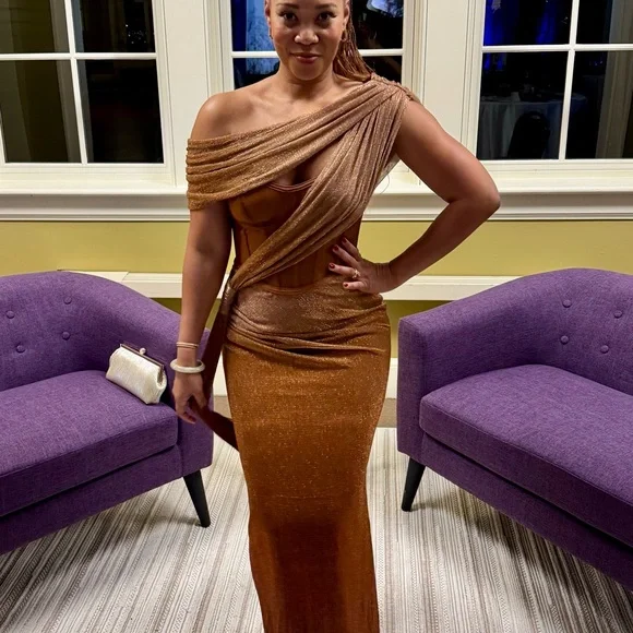 JLUXLABEL One-Shoulder Metallic Copper Brown Evening Gown - Picture 2 of 3